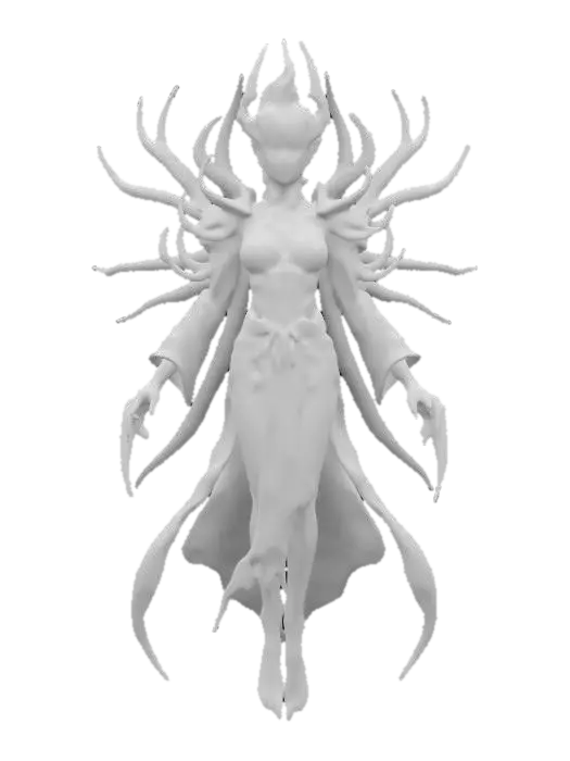 3D model for fantasy female monster, slim elegant body with lots of spines, body floating in the air, flowing robe with glowing symbols, long slender arms ending in claws and a long blade, extremely detailed beautiful face, neat short hair, extremely detailed, high resolution texture, epic stance, #game figure#