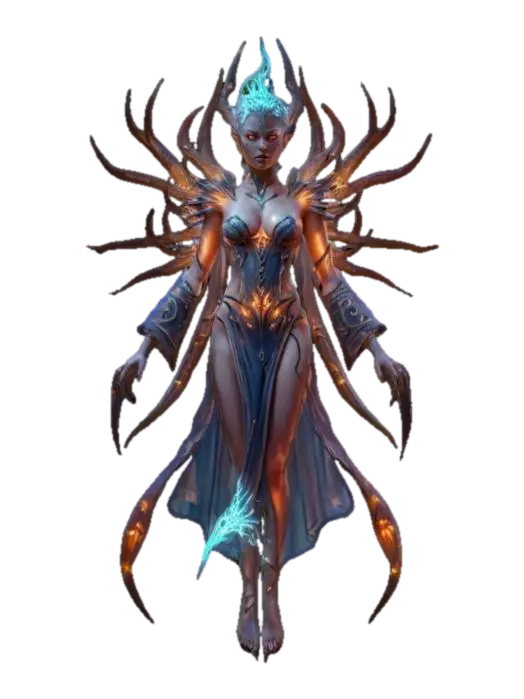 3D model for fantasy female monster, slim elegant body with lots of spines, body floating in the air, flowing robe with glowing symbols, long slender arms ending in claws and a long blade, extremely detailed beautiful face, neat short hair, extremely detailed, high resolution texture, epic stance, #game figure#