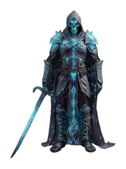 fantasy luminescent death knight, undead warrior dressed in a magnificent robe, the… 3D model, vytvořený pomocí AI
