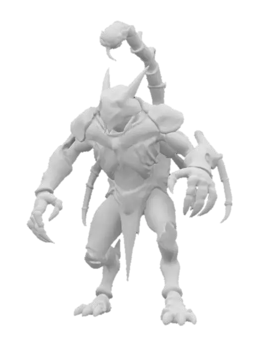 3D model for fantasy monster scorpion warrior, massive body covered with chitin armor, long limbs ending in a sharp blade, menacing appearance, detailed head with large mandibles, in attack, extremely detailed, high resolution texture, epic stance, #game figure#