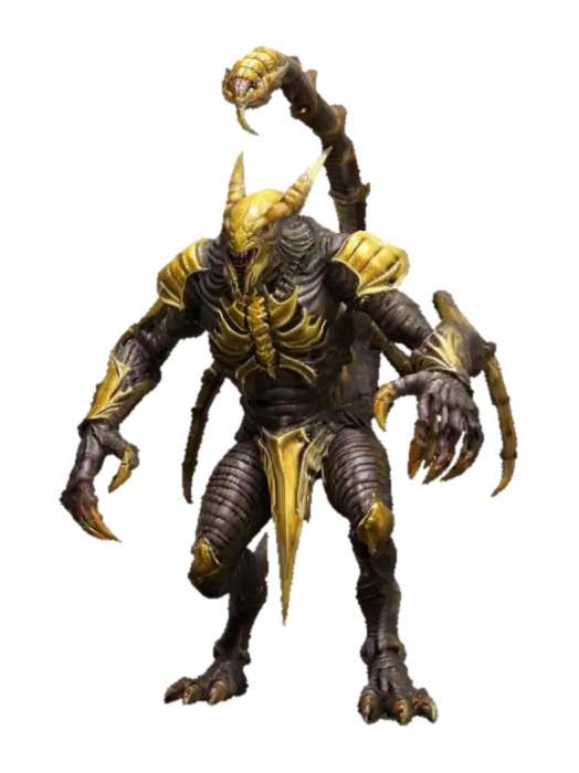 3D model for fantasy monster scorpion warrior, massive body covered with chitin armor, long limbs ending in a sharp blade, menacing appearance, detailed head with large mandibles, in attack, extremely detailed, high resolution texture, epic stance, #game figure#