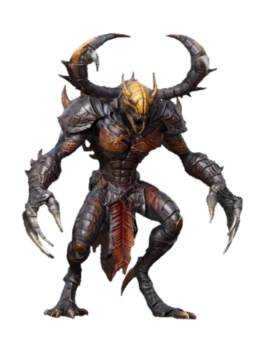 3D model for fantasy monster scorpion warrior, massive body covered with chitin armor, long limbs ending in a sharp blade, menacing appearance, detailed head with large mandibles, in attack, extremely detailed, high resolution texture, epic stance, #game figure#