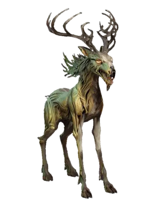 fantasy mythical forest carnivore, humanoid deer-like body, elongated head with… 3D model, vytvořený pomocí AI