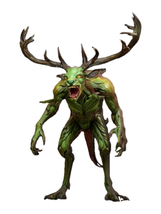 fantasy mythical forest carnivore, humanoid deer-like body, elongated head with… 3D model, vytvořený pomocí AI