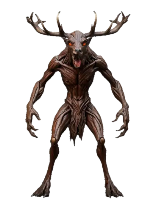 fantasy mythical forest carnivore, humanoid deer-like body, elongated head with… 3D model, vytvořený pomocí AI