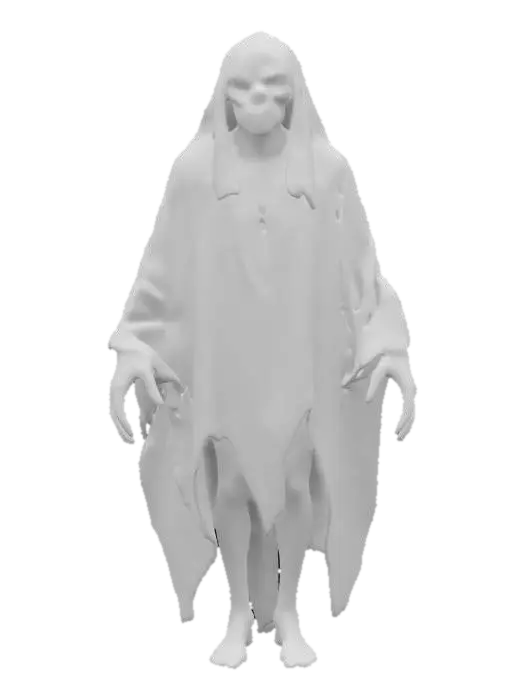 3D model for fantasy night ghost, massive body floating in the air, robes fluttering in the wind, elongated head with large teeth, human scary eyes, detailed face, extremely detailed, high resolution texture, epic stance, #game figure#