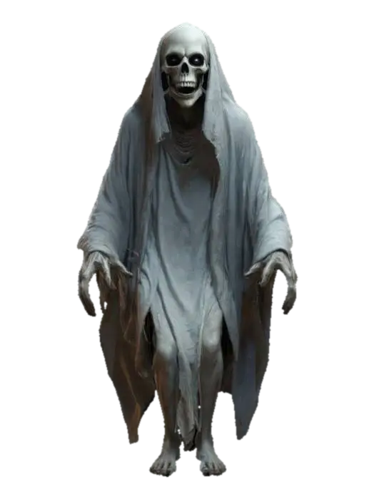 3D model for fantasy night ghost, massive body floating in the air, robes fluttering in the wind, elongated head with large teeth, human scary eyes, detailed face, extremely detailed, high resolution texture, epic stance, #game figure#