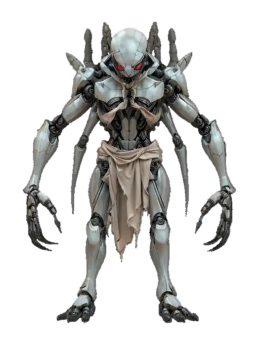 3D model for sci-fi fantasy robotic spider humanoid creature, spider body and humanoid like structure, terrifying expression, spider in attack, clawed limbs, covered in torn clothes, extremely details, high resolution texture, epic stance, #game figure#