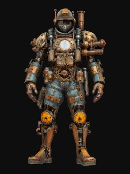 3D model for archetypal mechanical steampunk worker, body powered by steam, mechanical engine on his back, metal body partially covered with rust and scratches, tools in hand, extremely details, high resolution texture, epic stance, #game figure#