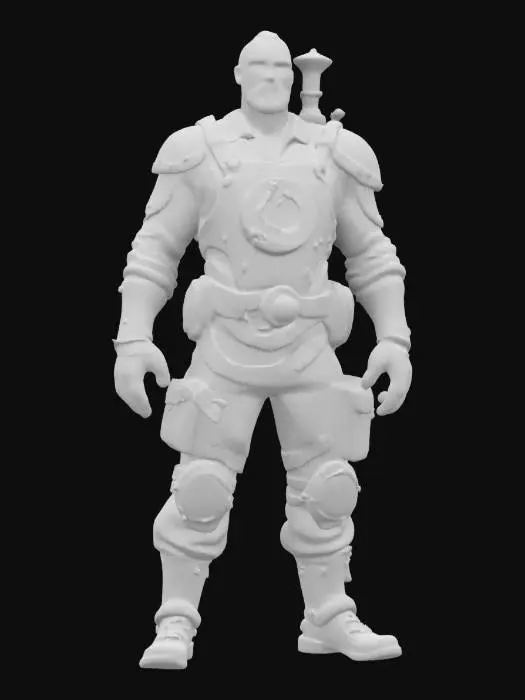 3D model for archetypal mechanical steampunk worker, body powered by steam, mechanical engine on his back, metal body partially covered with rust and scratches, tools in hand, extremely details, high resolution texture, epic stance, #game figure#