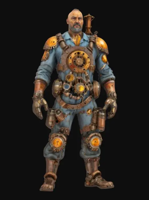 3D model for archetypal mechanical steampunk worker, body powered by steam, mechanical engine on his back, metal body partially covered with rust and scratches, tools in hand, extremely details, high resolution texture, epic stance, #game figure#