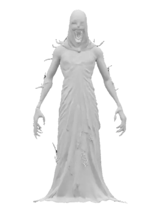 3D model for fantasy terrifying ghost, massive disjointed body floating in the air, torn clothes, brightly glowing symbols in places on the body, huge mouth full of teeth, detailed face with shining eyes, extremely detailed, high resolution texture, epic stance