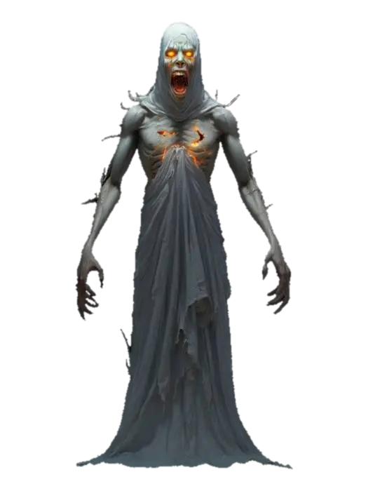 3D model for fantasy terrifying ghost, massive disjointed body floating in the air, torn clothes, brightly glowing symbols in places on the body, huge mouth full of teeth, detailed face with shining eyes, extremely detailed, high resolution texture, epic stance