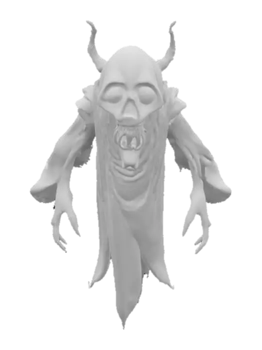 3D model for fantasy terrifying ghost, massive disjointed body floating in the air, torn clothes, brightly glowing symbols in places on the body, huge mouth full of teeth, detailed face with shining eyes, extremely detailed, high resolution texture, epic stance