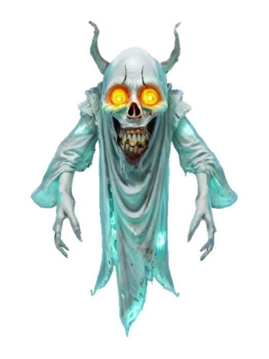 3D model for fantasy terrifying ghost, massive disjointed body floating in the air, torn clothes, brightly glowing symbols in places on the body, huge mouth full of teeth, detailed face with shining eyes, extremely detailed, high resolution texture, epic stance