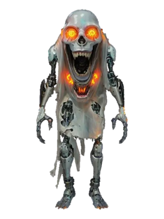 3D model for futuristic cyborg terrifying ghost, massive disjointed body floating in the air, torn clothes, brightly glowing symbols in places on the body, huge mouth full of teeth, detailed face with shining eyes, extremely detailed, high resolution texture, epic stance