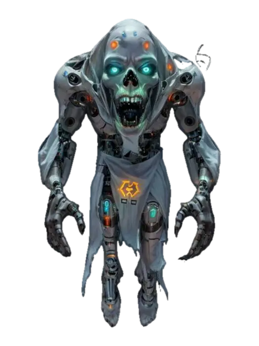 3D model for futuristic cyborg terrifying ghost, massive disjointed body floating in the air, torn clothes, brightly glowing symbols in places on the body, huge mouth full of teeth, detailed face with shining eyes, extremely detailed, high resolution texture, epic stance
