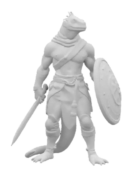 3D model for fantasy humanoid lizard agama warrior, slender shiny body covered in scales, combat weapons in hand, in attack, clothing simple robe with leather armor, extremely detailed, high resolution texture, epic stance