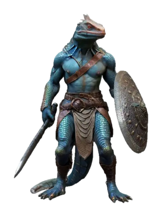 3D model for fantasy humanoid lizard agama warrior, slender shiny body covered in scales, combat weapons in hand, in attack, clothing simple robe with leather armor, extremely detailed, high resolution texture, epic stance
