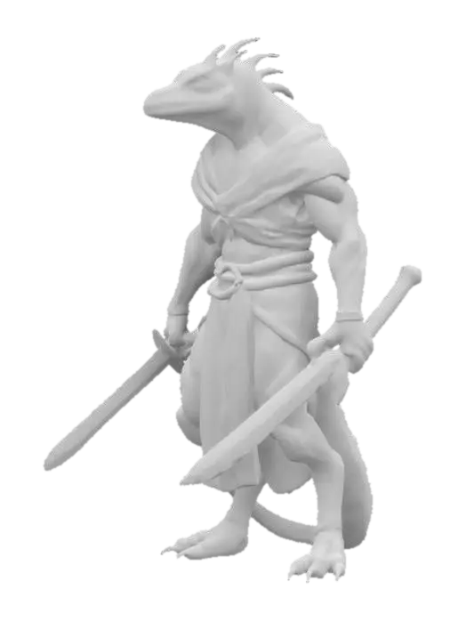 3D model for fantasy humanoid lizard agama warrior, slender shiny body covered in scales, combat weapons in hand, in attack, clothing simple robe with leather armor, extremely detailed, high resolution texture, epic stance