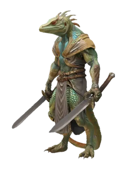3D model for fantasy humanoid lizard agama warrior, slender shiny body covered in scales, combat weapons in hand, in attack, clothing simple robe with leather armor, extremely detailed, high resolution texture, epic stance
