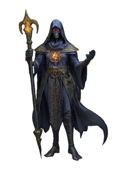 fantasy grim sorcerer, slim bent body, elegant robe on body, holding staff in hand,… - Amulet 3D model, vytvořený pomocí AI