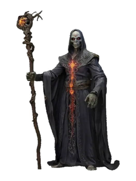fantasy grim sorcerer, slim bent body, elegant robe on body, holding staff in hand,… - Amulet 3D model, vytvořený pomocí AI