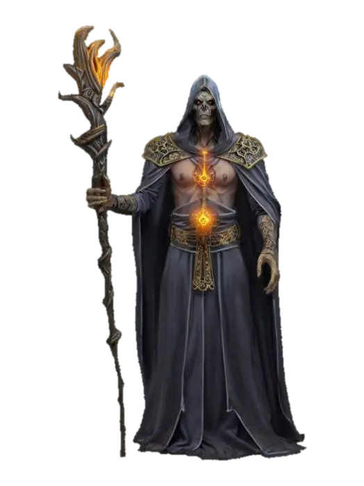 fantasy grim sorcerer, slim bent body, elegant robe on body, holding staff in hand,… - Amulet 3D model, vytvořený pomocí AI