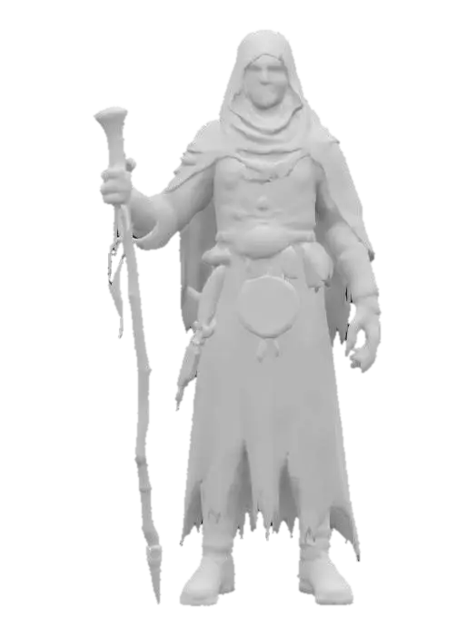 3D model for fantasy grim sorcerer, slim bent body, elegant robe on body, holding staff in hand, glowing symbols and amulets on clothing, detailed scary face, extremely detailed, high resolution texture, epic stance