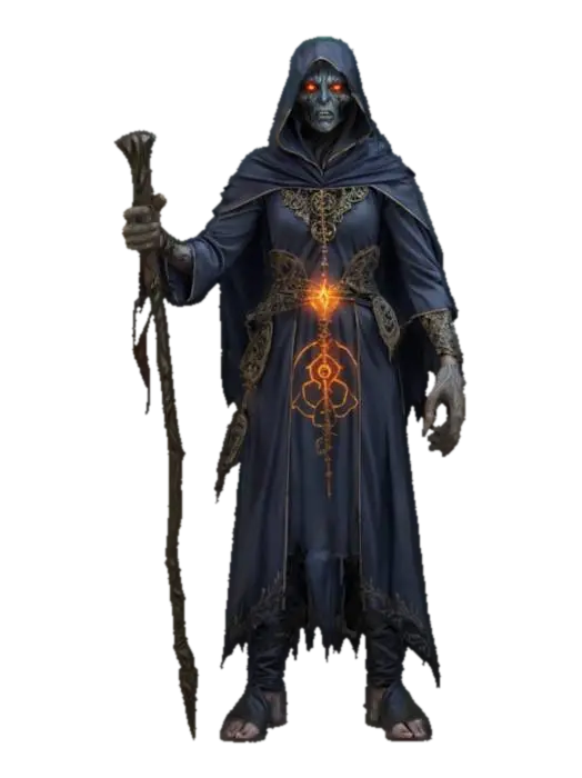 3D model for fantasy grim sorcerer, slim bent body, elegant robe on body, holding staff in hand, glowing symbols and amulets on clothing, detailed scary face, extremely detailed, high resolution texture, epic stance
