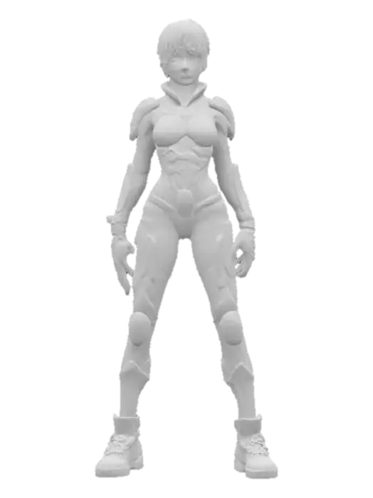 3D model for futuristic female bioorganic punk style, entire body made up of individual parts similar to a beetle, individual body parts armored, arms around the body or at the hip, trimmed short hair, artificial delicate detailed face, extremely detailed, texture with high resolution, epic stance, #fairy#