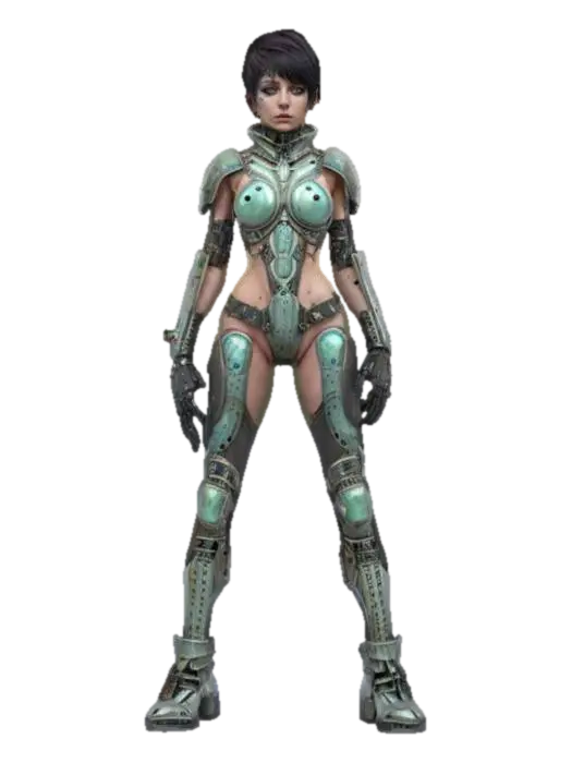 3D model for futuristic female bioorganic punk style, entire body made up of individual parts similar to a beetle, individual body parts armored, arms around the body or at the hip, trimmed short hair, artificial delicate detailed face, extremely detailed, texture with high resolution, epic stance, #fairy#