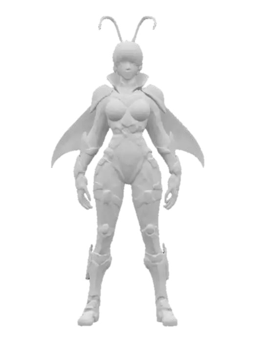 3D model for futuristic female bioorganic punk style, entire body made up of individual parts similar to a beetle, individual body parts armored, arms around the body or at the hip, trimmed short hair, artificial delicate detailed face, extremely detailed, texture with high resolution, epic stance, #fairy#