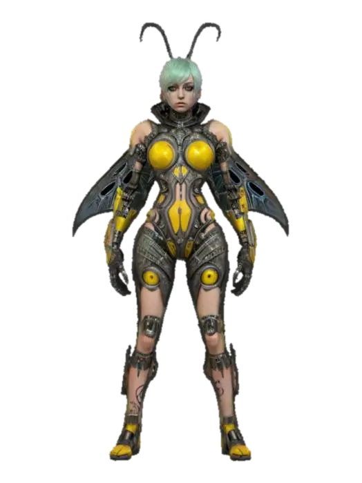 3D model for futuristic female bioorganic punk style, entire body made up of individual parts similar to a beetle, individual body parts armored, arms around the body or at the hip, trimmed short hair, artificial delicate detailed face, extremely detailed, texture with high resolution, epic stance, #fairy#