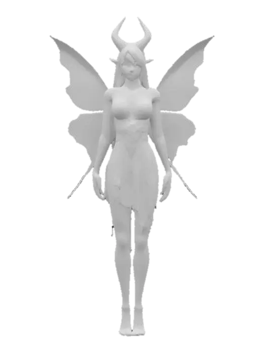 3D model for fantasy demonic fairy, slim elegant body, light short dress, dress studded with demonic symbols, long and well-groomed hair, highly detailed face, extremely detailed, high resolution texture, ultra realistic, epic stance, #fairy#