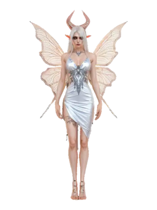 3D model for fantasy demonic fairy, slim elegant body, light short dress, dress studded with demonic symbols, long and well-groomed hair, highly detailed face, extremely detailed, high resolution texture, ultra realistic, epic stance, #fairy#