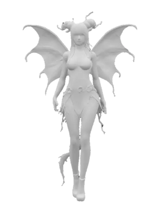 3D model for fantasy demonic fairy, slim elegant body, light short dress, dress studded with demonic symbols, long and well-groomed hair, highly detailed face, extremely detailed, high resolution texture, ultra realistic, epic stance, #fairy#