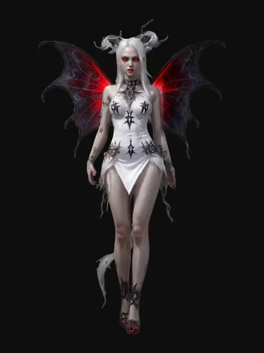 3D model for fantasy demonic fairy, slim elegant body, light short dress, dress studded with demonic symbols, long and well-groomed hair, highly detailed face, extremely detailed, high resolution texture, ultra realistic, epic stance, #fairy#