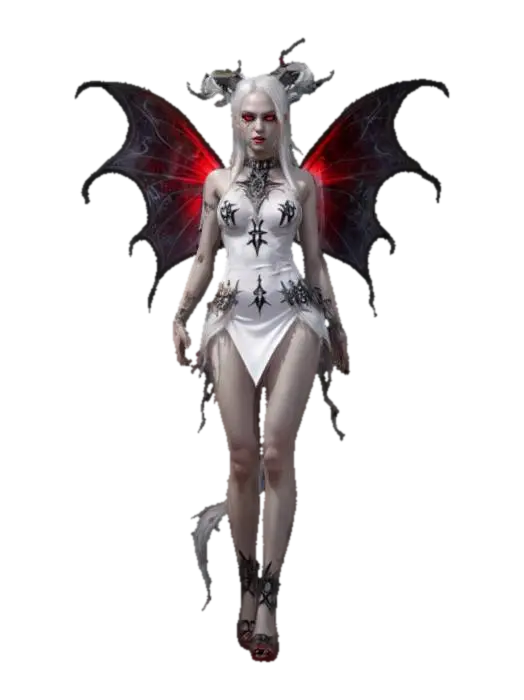 3D model for fantasy demonic fairy, slim elegant body, light short dress, dress studded with demonic symbols, long and well-groomed hair, highly detailed face, extremely detailed, high resolution texture, ultra realistic, epic stance, #fairy#