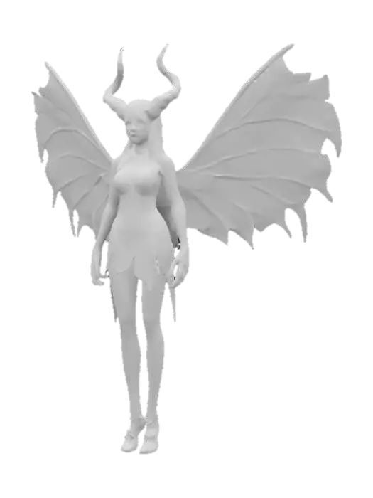 3D model for fantasy demonic fairy, slim elegant body, light short dress, dress studded with demonic symbols, long and well-groomed hair, highly detailed face, extremely detailed, high resolution texture, ultra realistic, epic stance, #fairy#