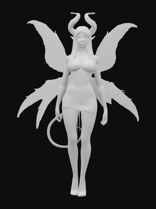 3D model for fantasy demonic fairy, slim elegant body, light short dress, dress studded with demonic symbols, long and well-groomed hair, highly detailed face, extremely detailed, high resolution texture, ultra realistic, epic stance, #fairy#