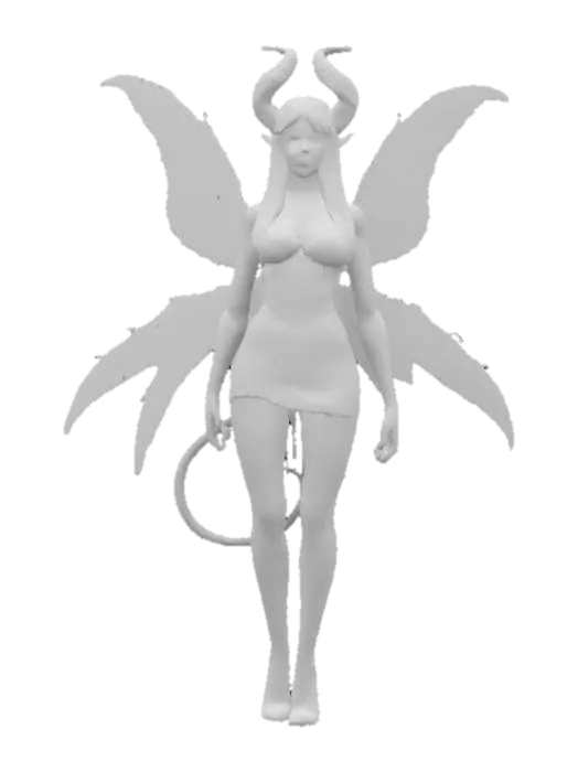 3D model for fantasy demonic fairy, slim elegant body, light short dress, dress studded with demonic symbols, long and well-groomed hair, highly detailed face, extremely detailed, high resolution texture, ultra realistic, epic stance, #fairy#
