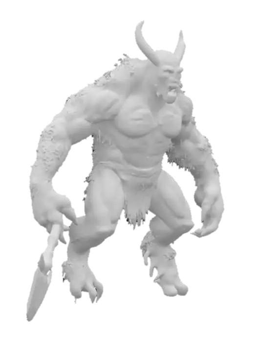 3D model for fantasy forest demon, massive body, body floating in the air, shreds of vines and flower fluttering on his body, he has an axe in his hand, detailed scary face, extremely detailed, high resolution texture, epic stance, #garden#