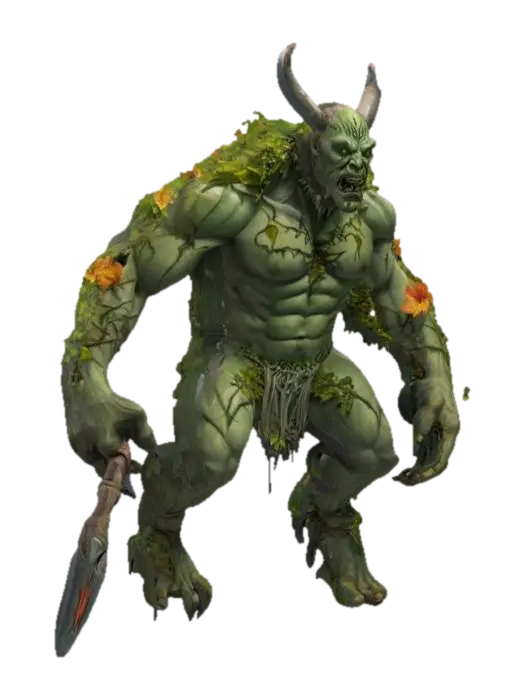 3D model for fantasy forest demon, massive body, body floating in the air, shreds of vines and flower fluttering on his body, he has an axe in his hand, detailed scary face, extremely detailed, high resolution texture, epic stance, #garden#