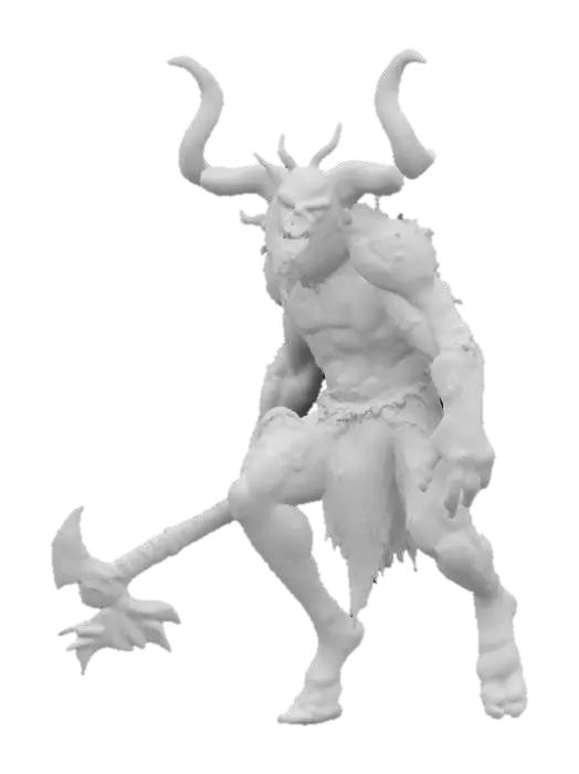 3D model for fantasy forest demon, massive body, body floating in the air, shreds of vines and flower fluttering on his body, he has an axe in his hand, detailed scary face, extremely detailed, high resolution texture, epic stance, #garden#