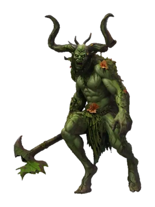 3D model for fantasy forest demon, massive body, body floating in the air, shreds of vines and flower fluttering on his body, he has an axe in his hand, detailed scary face, extremely detailed, high resolution texture, epic stance, #garden#