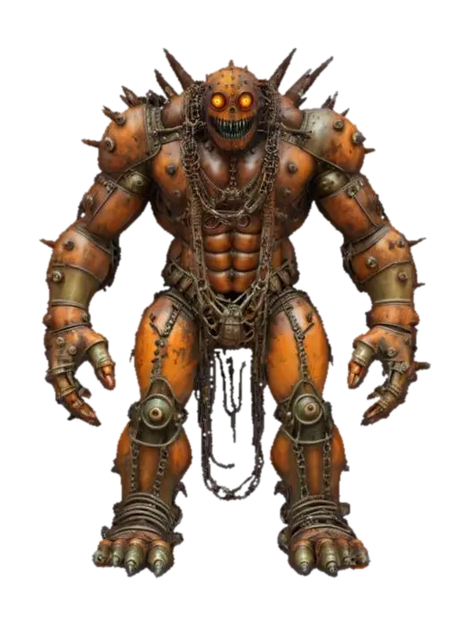 fantasy massive rusty steampunk giant, massive body covered in rust, massive chains… 3D model, vytvořený pomocí AI
