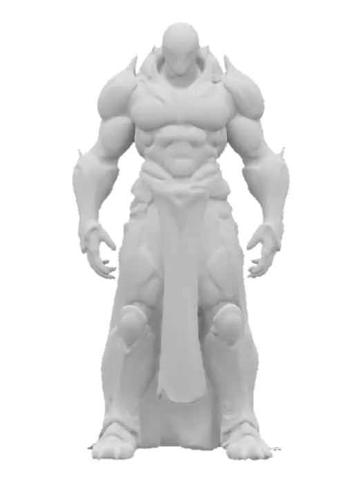 3D model for sci-fi biomechanical monster warrior, massive and graceful body, elegant clothing studded with glowing symbols and markings, detailed face with glowing eyes, extremely detailed high-resolution texture, epic stance