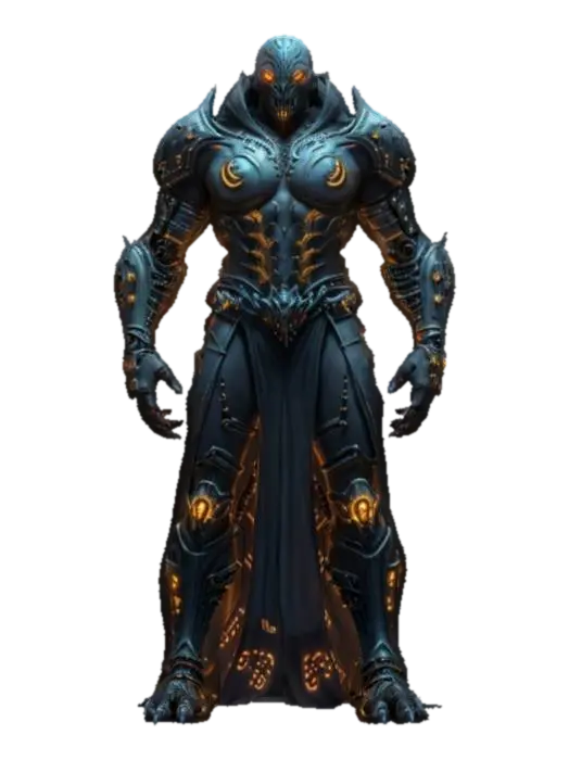 3D model for sci-fi biomechanical monster warrior, massive and graceful body, elegant clothing studded with glowing symbols and markings, detailed face with glowing eyes, extremely detailed high-resolution texture, epic stance