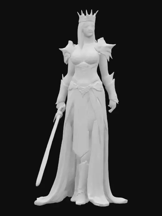 3D model for fantasy female queen warrior, slim firm elegant body, smooth skin with prominent tattoos, light decorated armor, neat hair with crown, sword in one hand, detailed beautiful face, extremely detailed, high resolution texture, epic stance